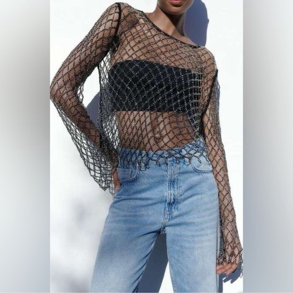 Zara Black Sheer Net Top - Picture 4 of 8